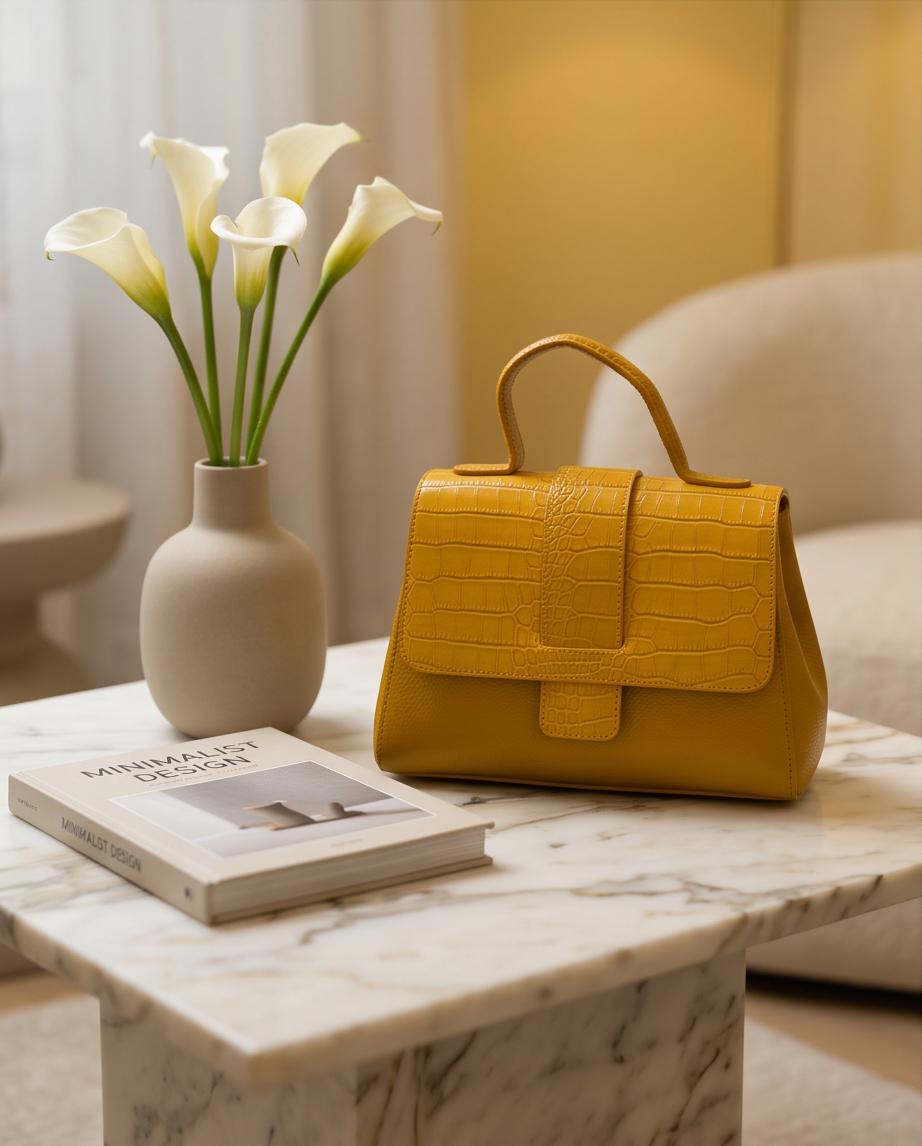 Bolso de piel Tijuca mostaza hecho en Italia con acabado efecto cocodrilo.