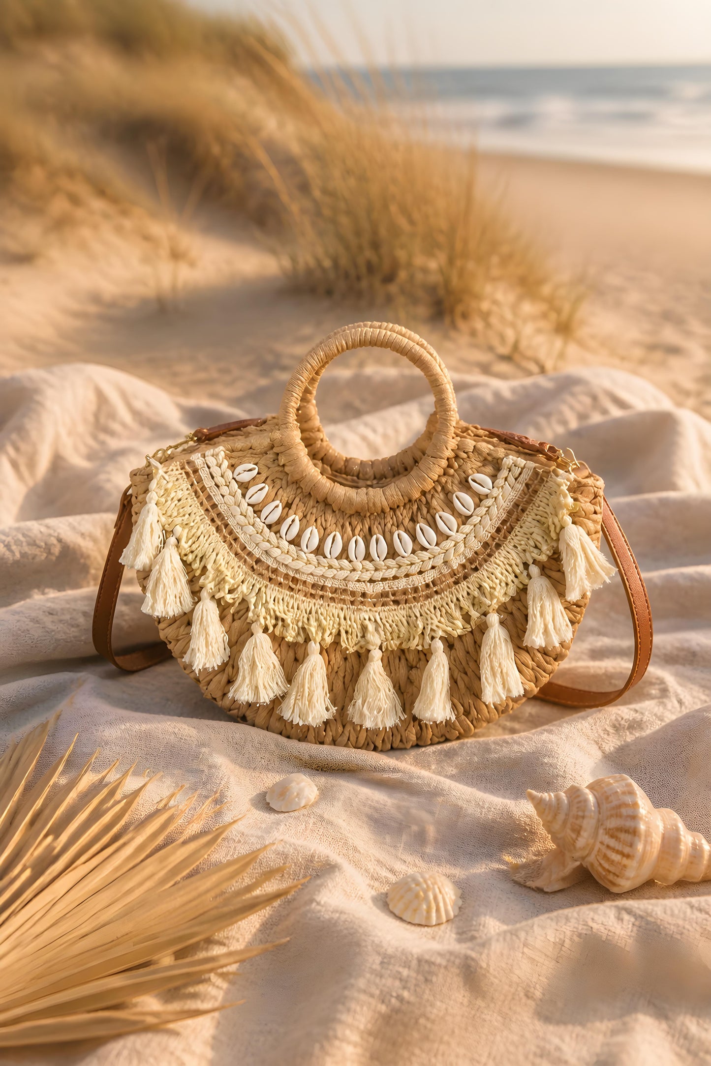Bolso de rafia artesanal Menorca con conchas y flecos apoyado en una pared blanca frente al mar azul.