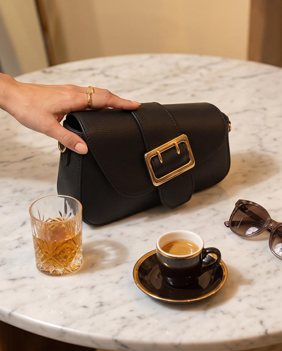 Bolso Roma de piel negra sobre mesa de mármol