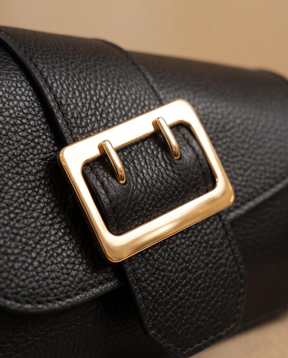 Detalle de la hebilla dorada del bolso Roma de piel negra