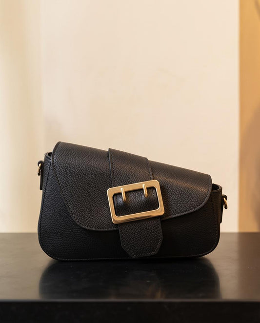 Bolso Roma de piel negra con hebilla dorada, hecho en Italia