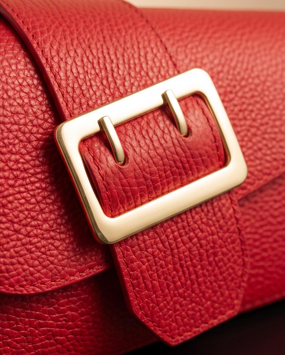Detalle de piel granulada y hebilla dorada del bolso Roma rojo