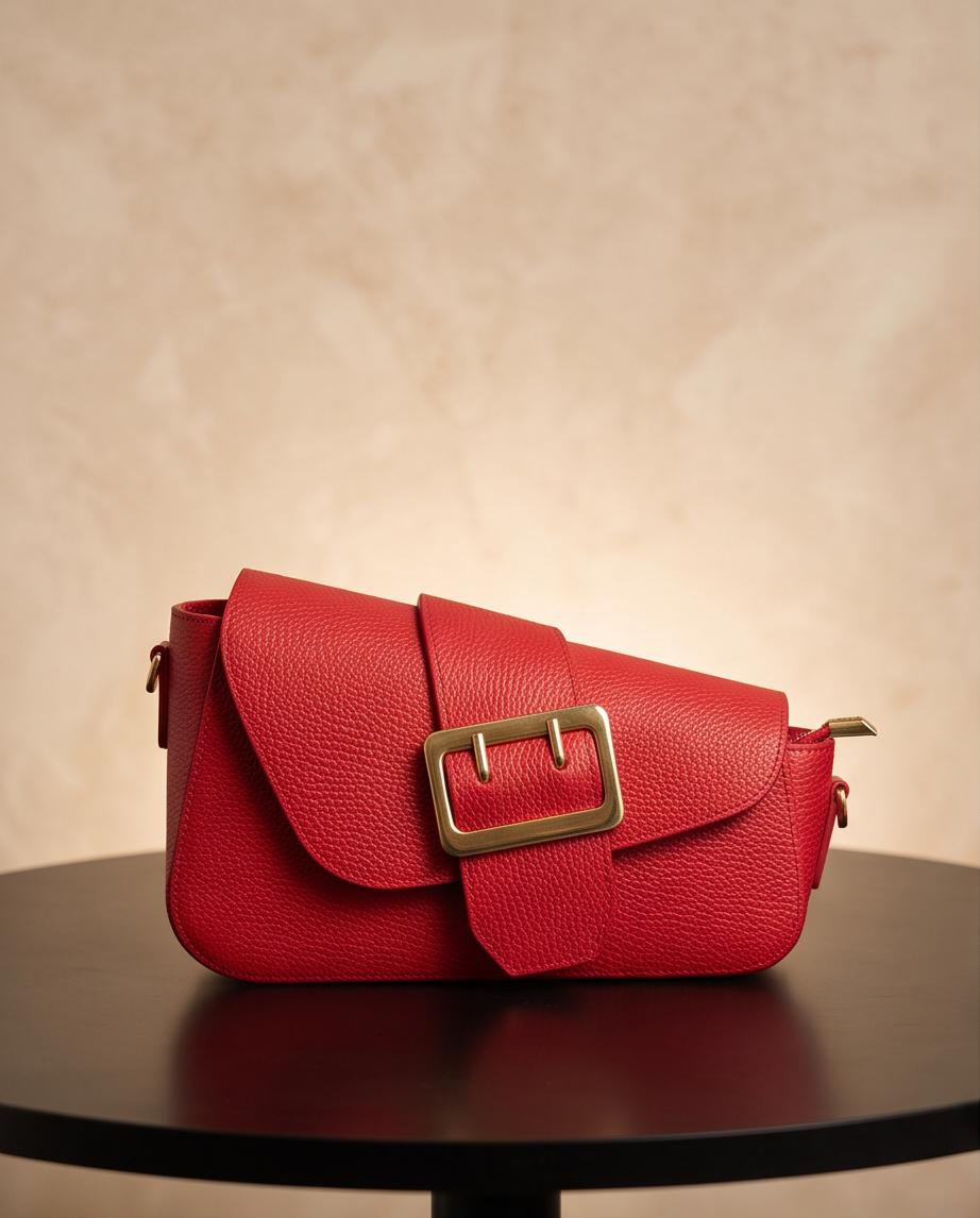 Bolso Roma de piel roja con hebilla dorada, hecho en Italia