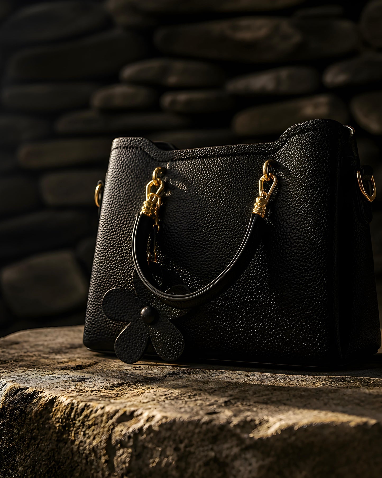 Vista frontal en ángulo del bolso satchel Blanes de EUTEA, confeccionado en piel sintética granulada color negro con asas de mano redondeadas, herrajes dorados y un charm decorativo colgante en forma de flor.
