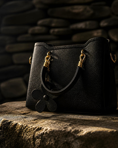 Vista frontal en ángulo del bolso satchel Blanes de EUTEA, confeccionado en piel sintética granulada color negro con asas de mano redondeadas, herrajes dorados y un charm decorativo colgante en forma de flor.