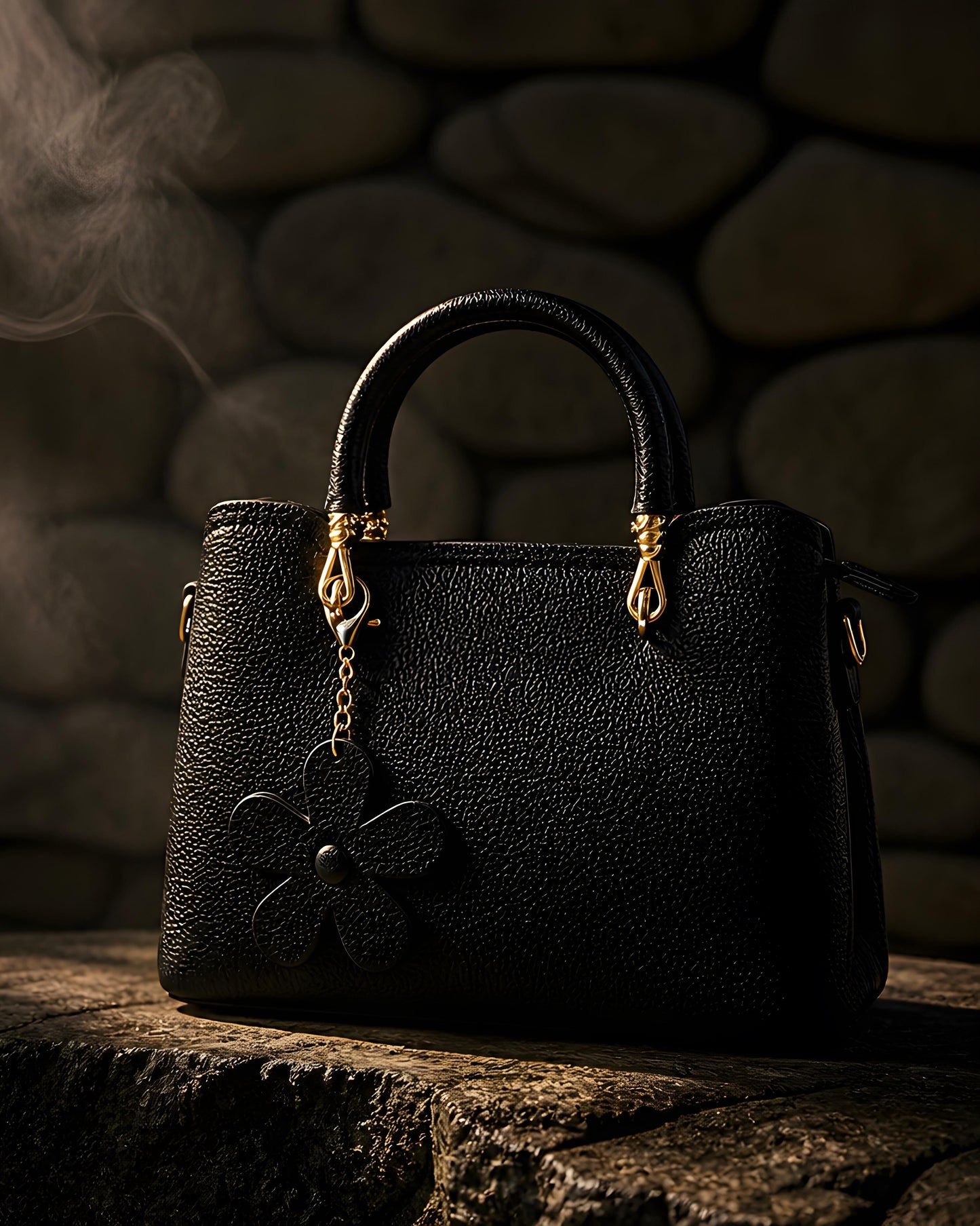 Vista frontal en ángulo del bolso satchel Blanes de EUTEA, confeccionado en piel sintética granulada color negro con asas de mano redondeadas, herrajes dorados y un charm decorativo colgante en forma de flor.