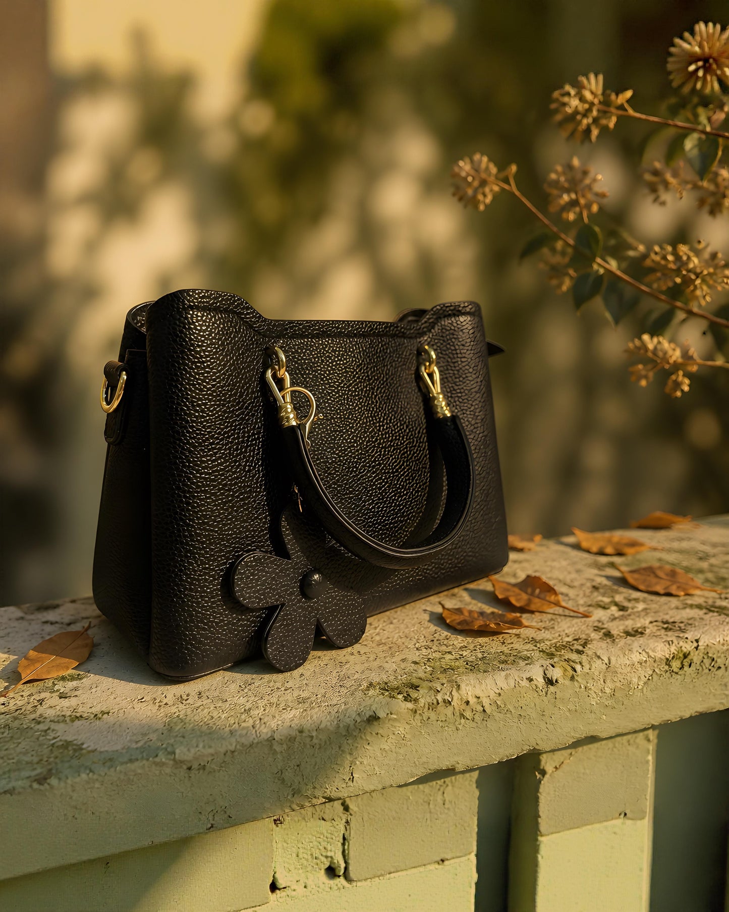 Vista frontal en ángulo del bolso satchel Blanes de EUTEA, confeccionado en piel sintética granulada color negro con asas de mano redondeadas, herrajes dorados y un charm decorativo colgante en forma de flor.