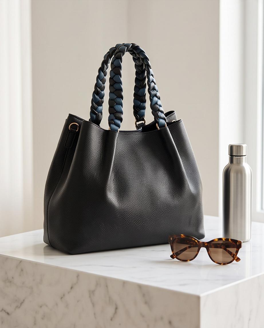 Bolso grande Maristas de piel sintética sobre mesa de mármol con gafas de sol y botella.