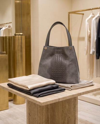 Bolso shopper Siena de piel gris fabricado en Italia