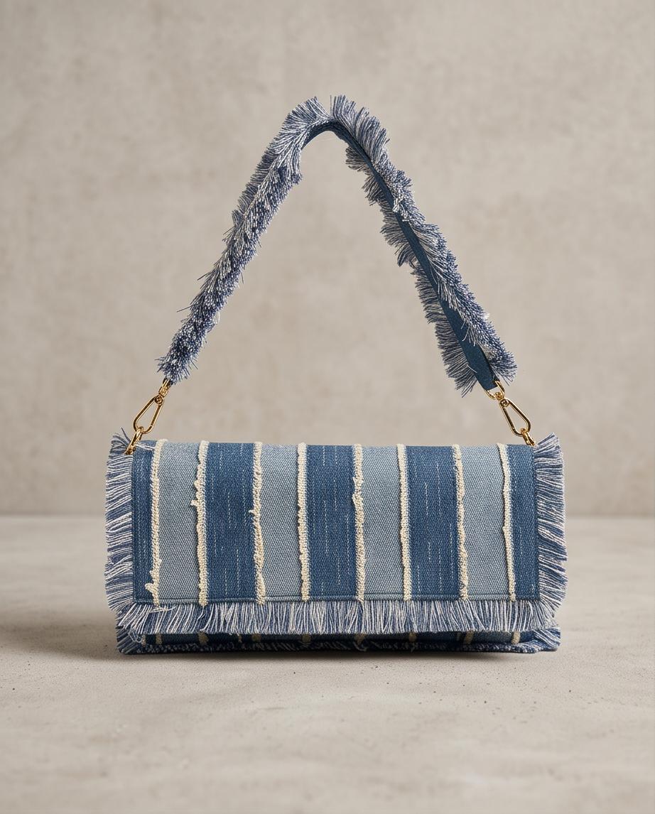 Bolso Trancoso de denim azul con flecos visto de frente