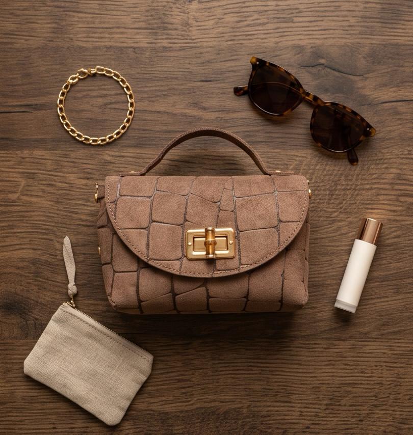 Bolso Trancoso de piel marrón con accesorios y herrajes dorados
