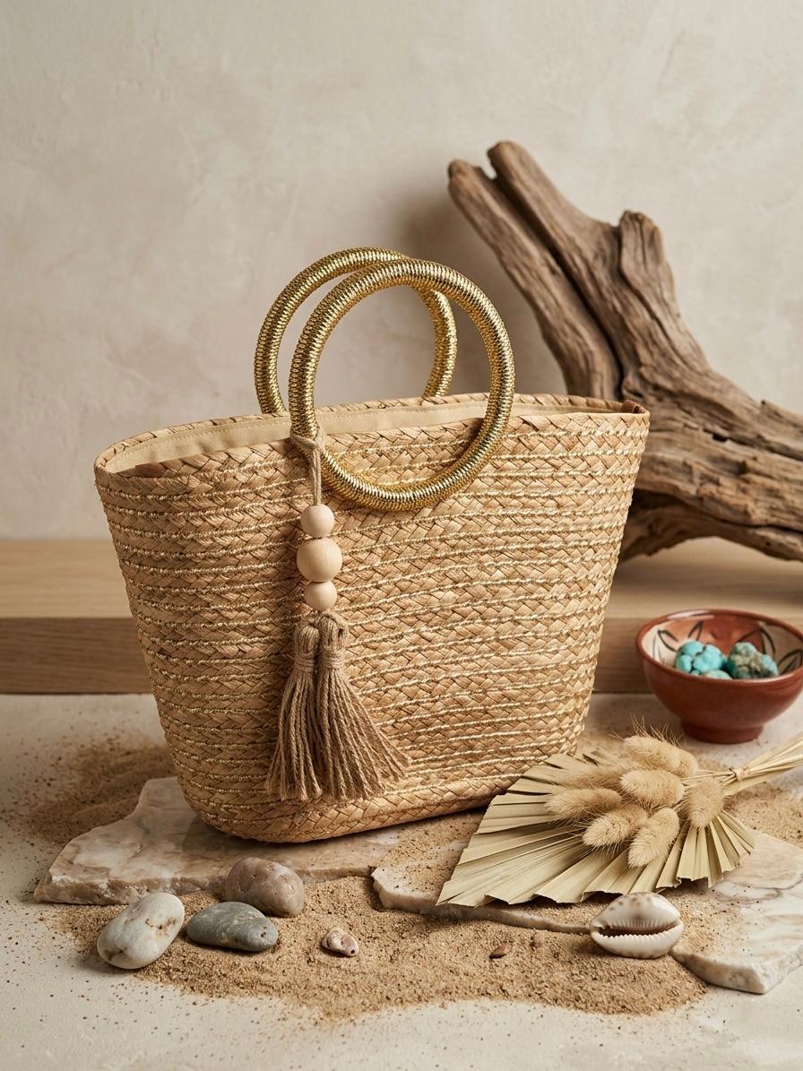 Bolso capazo de paja modelo Pallejá de la marca EUTEA con un cuerpo trenzado natural, llamativas asas circulares de color oro brillante y una borla de hilo con cuentas de madera, expuesto en un ambiente mediterráneo con arena fina y caracolas.