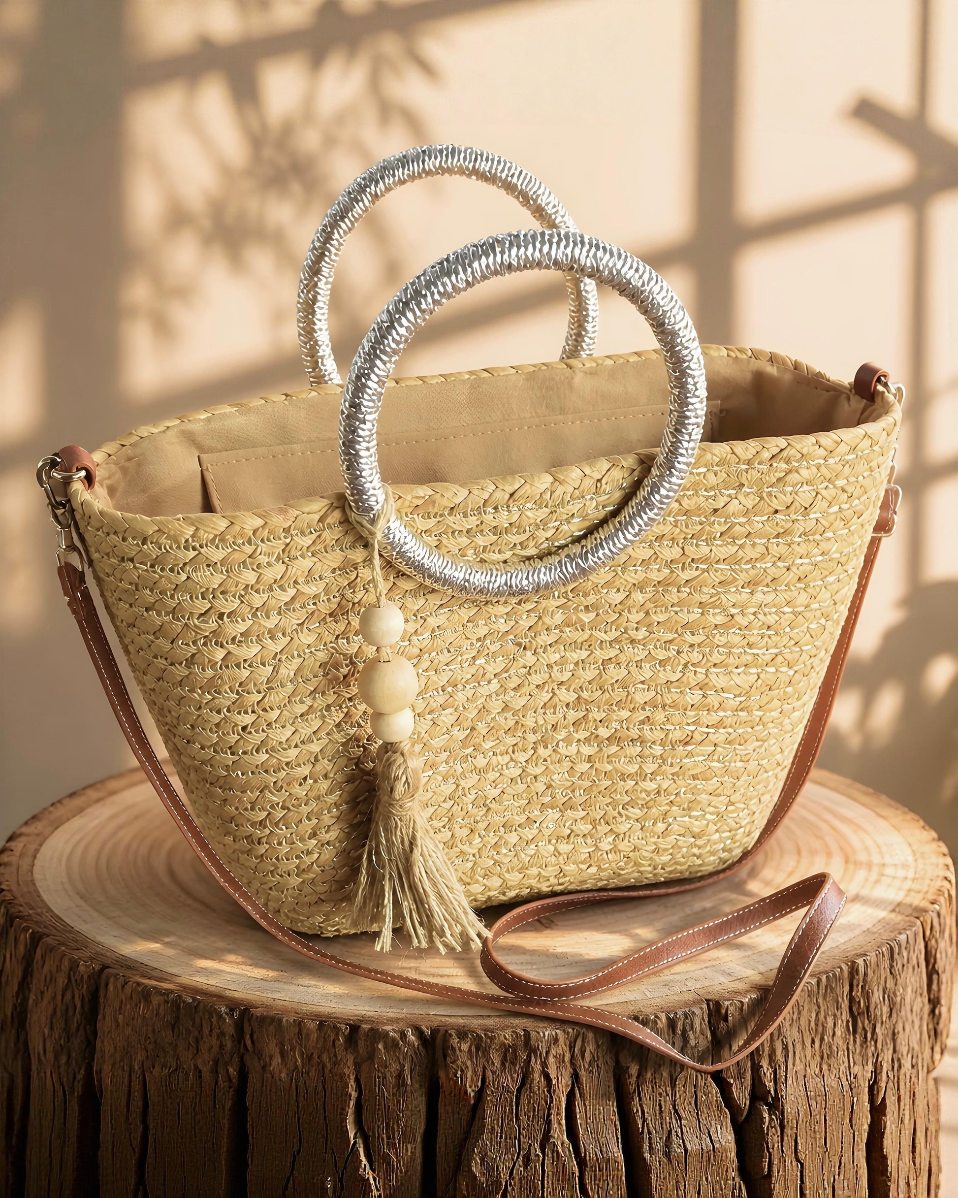 Bolso capazo de paja modelo Pallejá de la marca EUTEA con un cuerpo trenzado natural, llamativas asas circulares de color plata brillante y una borla de hilo con cuentas de madera, expuesto en un ambiente mediterráneo con arena fina y caracolas.