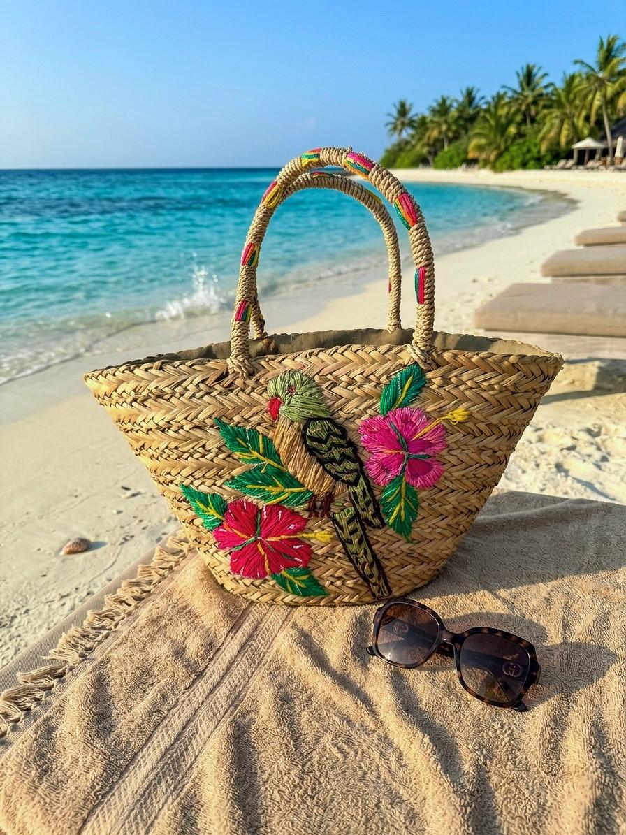 Capazo grande de paja natural trenzada modelo San Pol de la marca EUTEA con bordado artesanal de un loro verde y flores de hibisco fucsia, colocado sobre una toalla en una playa tropical.