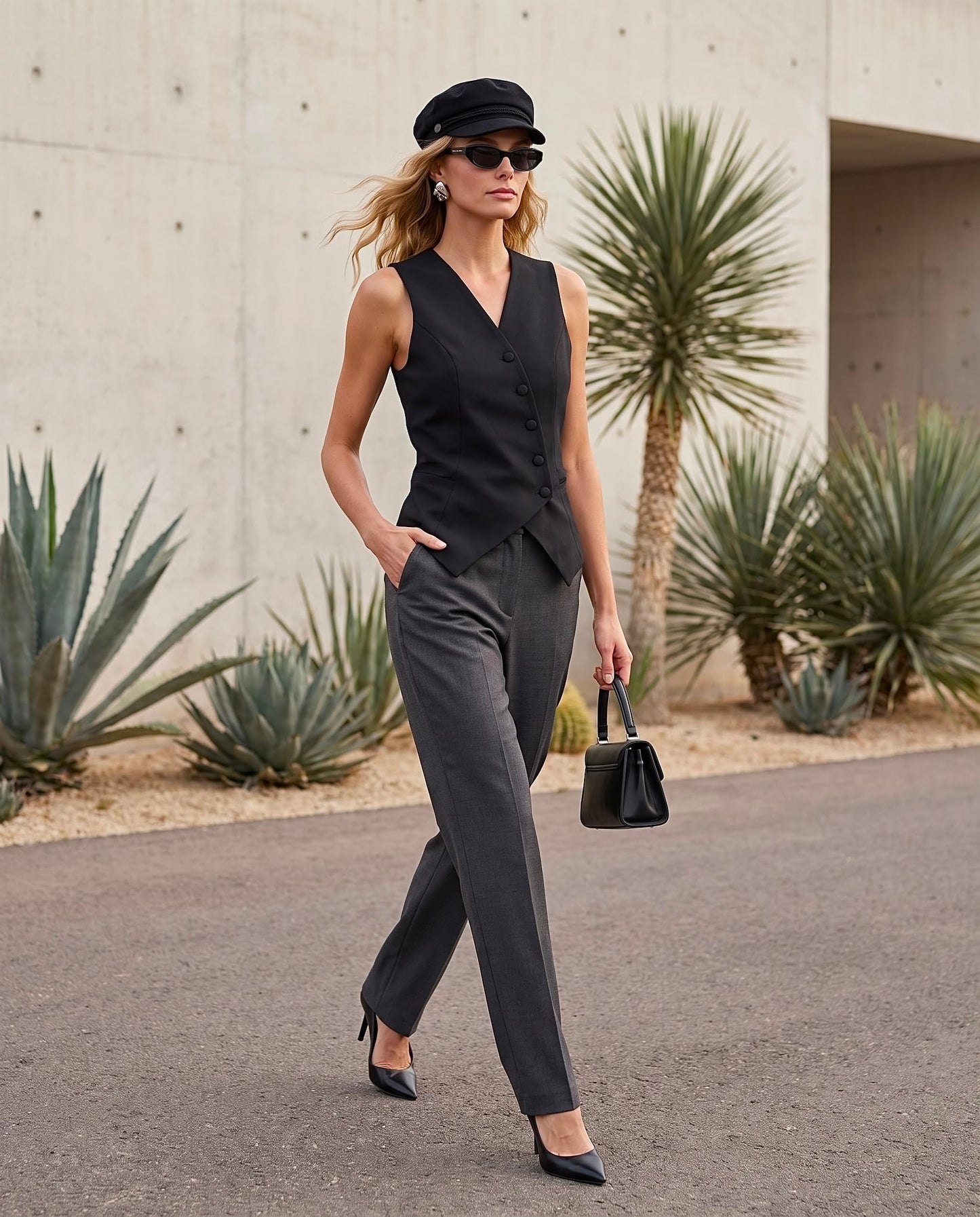 Look elegante con el Chaleco Ourense de sastre negro, pantalón de pinzas gris, gorra marinera y bolso de mano.