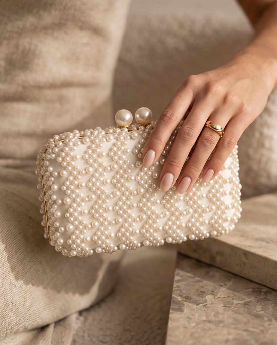 Clutch marfil decorado con perlas para fiesta, boda o eventos
