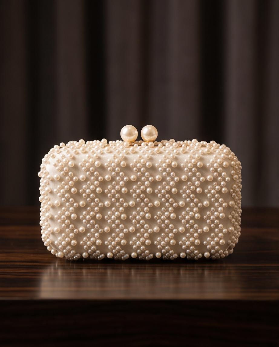 Clutch de perlas marfil combinado con look elegante de invitada