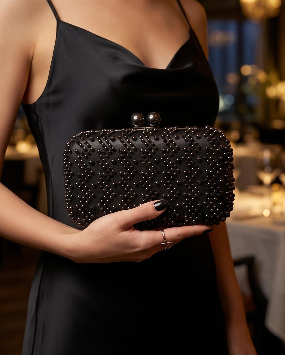Clutch negro con abalorios efecto perla para fiesta y eventos
