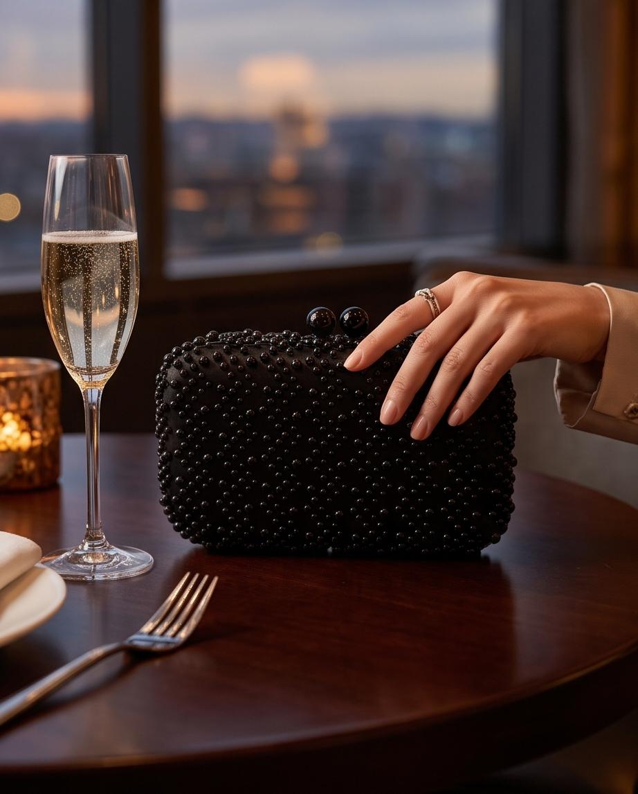 Clutch negro de perlas combinado con vestido negro de noche