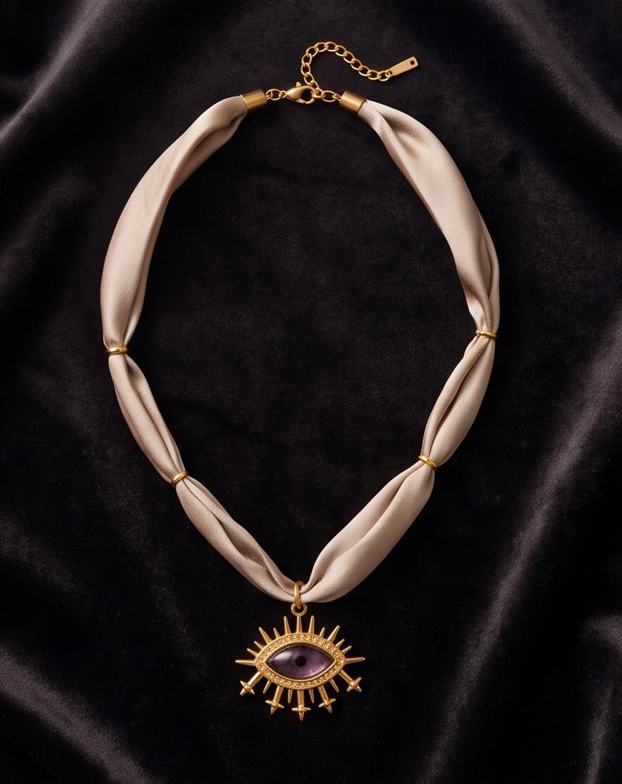 Collar Amuleto Ojo Violeta de tejido beige con colgante dorado y cadena extensora.