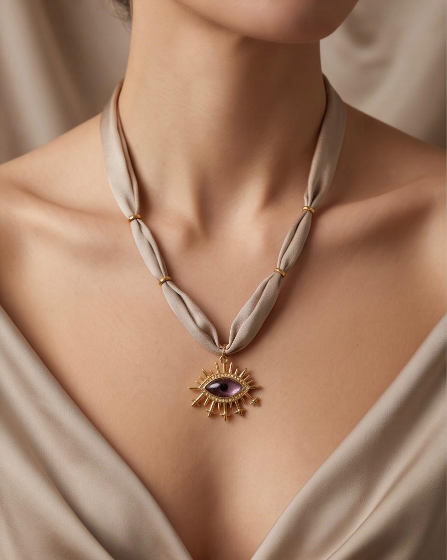 Collar Amuleto Ojo Violeta de tejido beige y colgante dorado llevado al cuello.