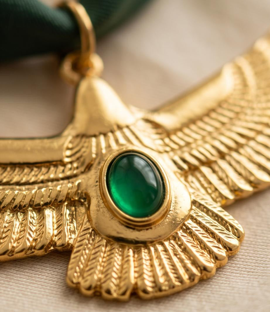 Detalle del Collar Císter con colgante dorado de inspiración artística y piedra verde.