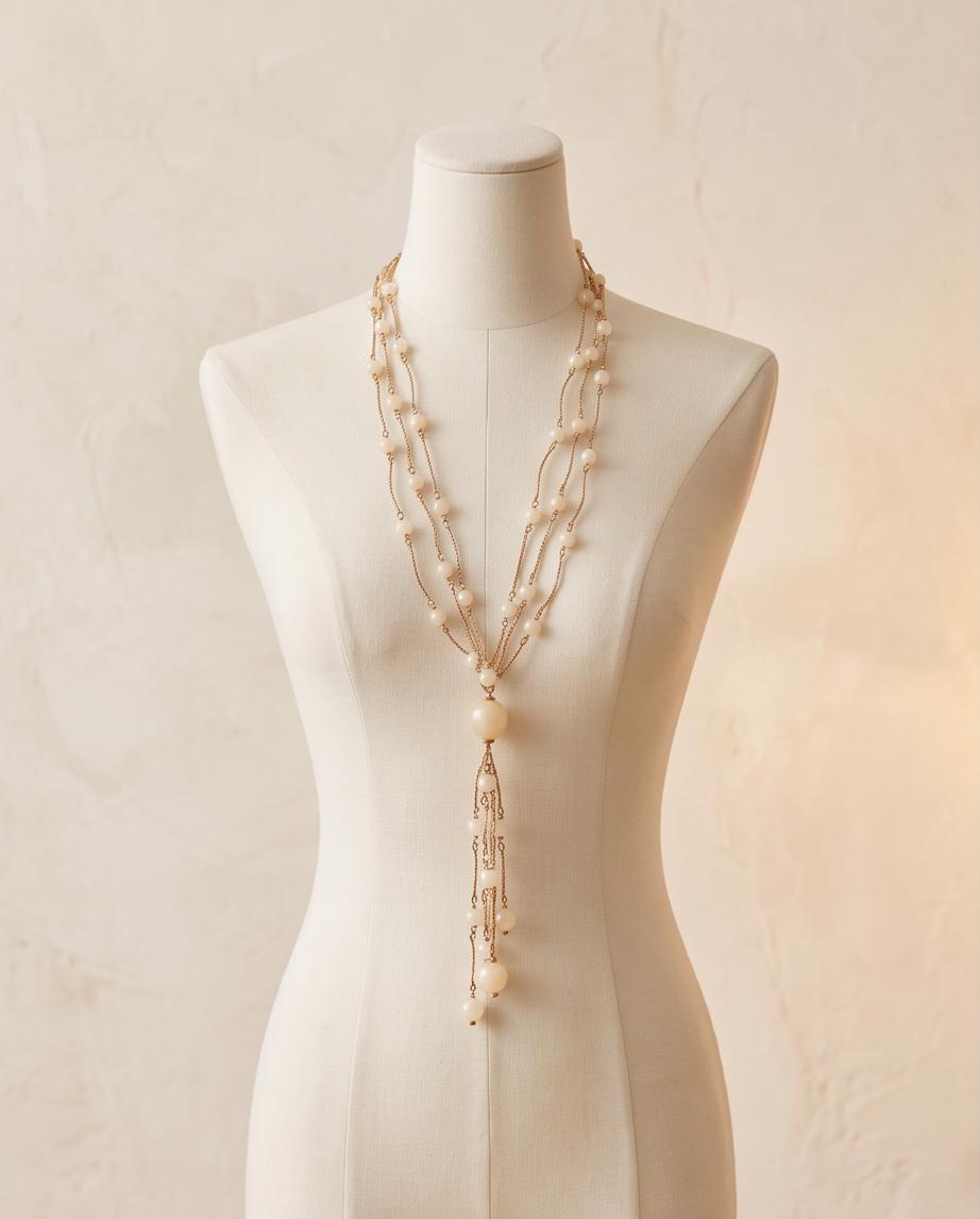 Collar largo de cadenas doradas con cuentas blancas y caída decorativa en cascada.