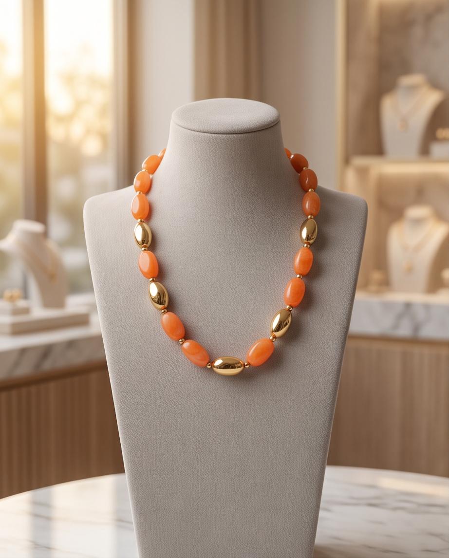 Collar Nerina de cuentas naranjas con piezas doradas sobre expositor.