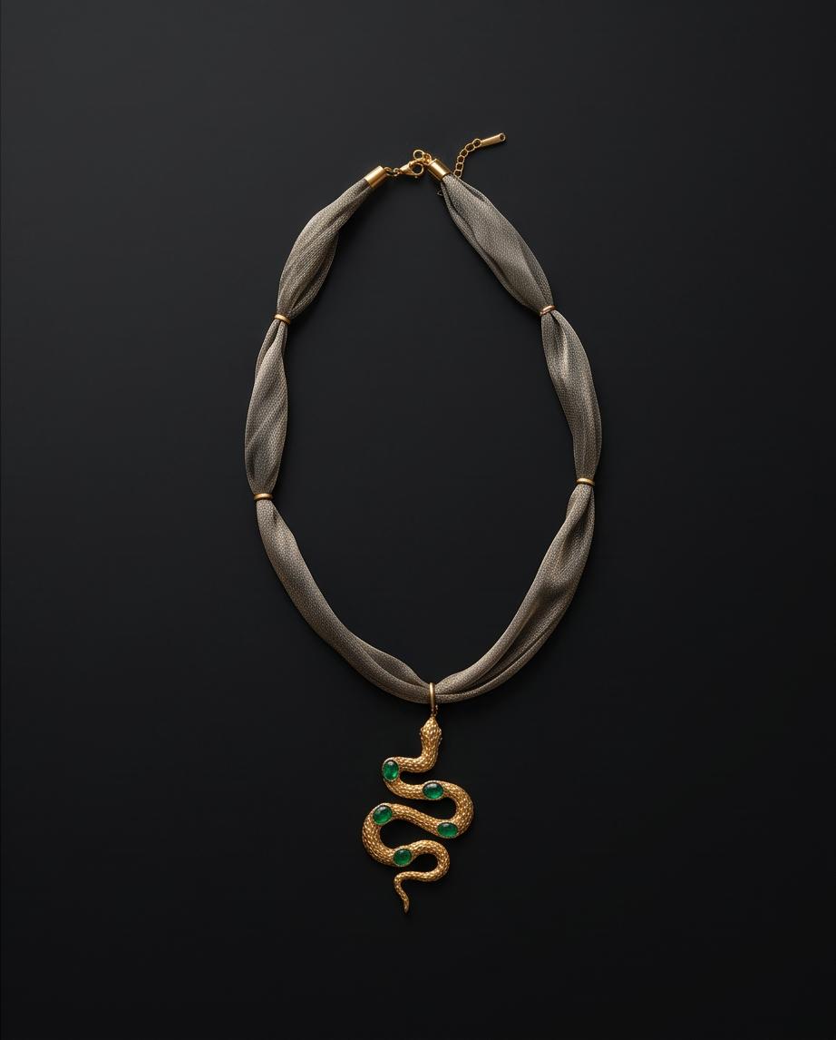 Vista completa del Collar Serpiente Esmeralda con cadena extensora.