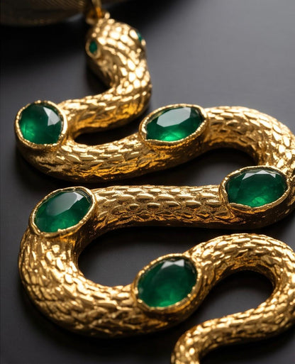 Detalle de la serpiente de acero dorado texturizado con adornos verde esmeralda.