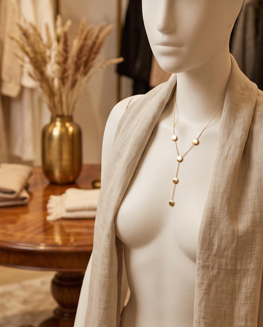 Modelo luciendo el Collar Serrano dorado de acero inoxidable con diseño minimalista.