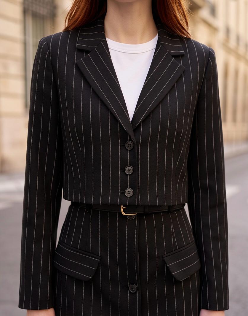 Conjunto de dos piezas de sastre Fabra en color negro con sutil raya diplomática de la marca EUTEA, mostrando la blazer corta y la falda-pantalón de frente con efecto minifalda