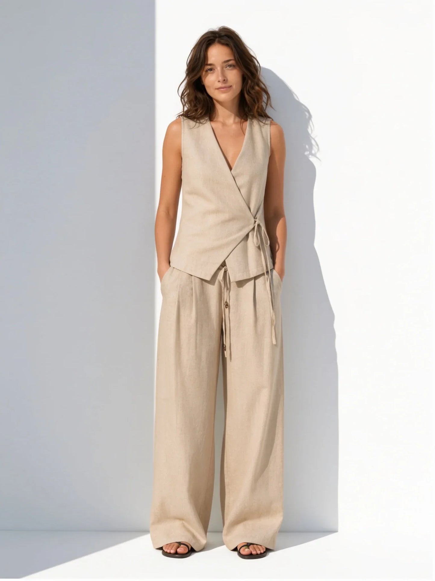 Conjunto de dos piezas premium de lino beige con pantalón EUTEA.