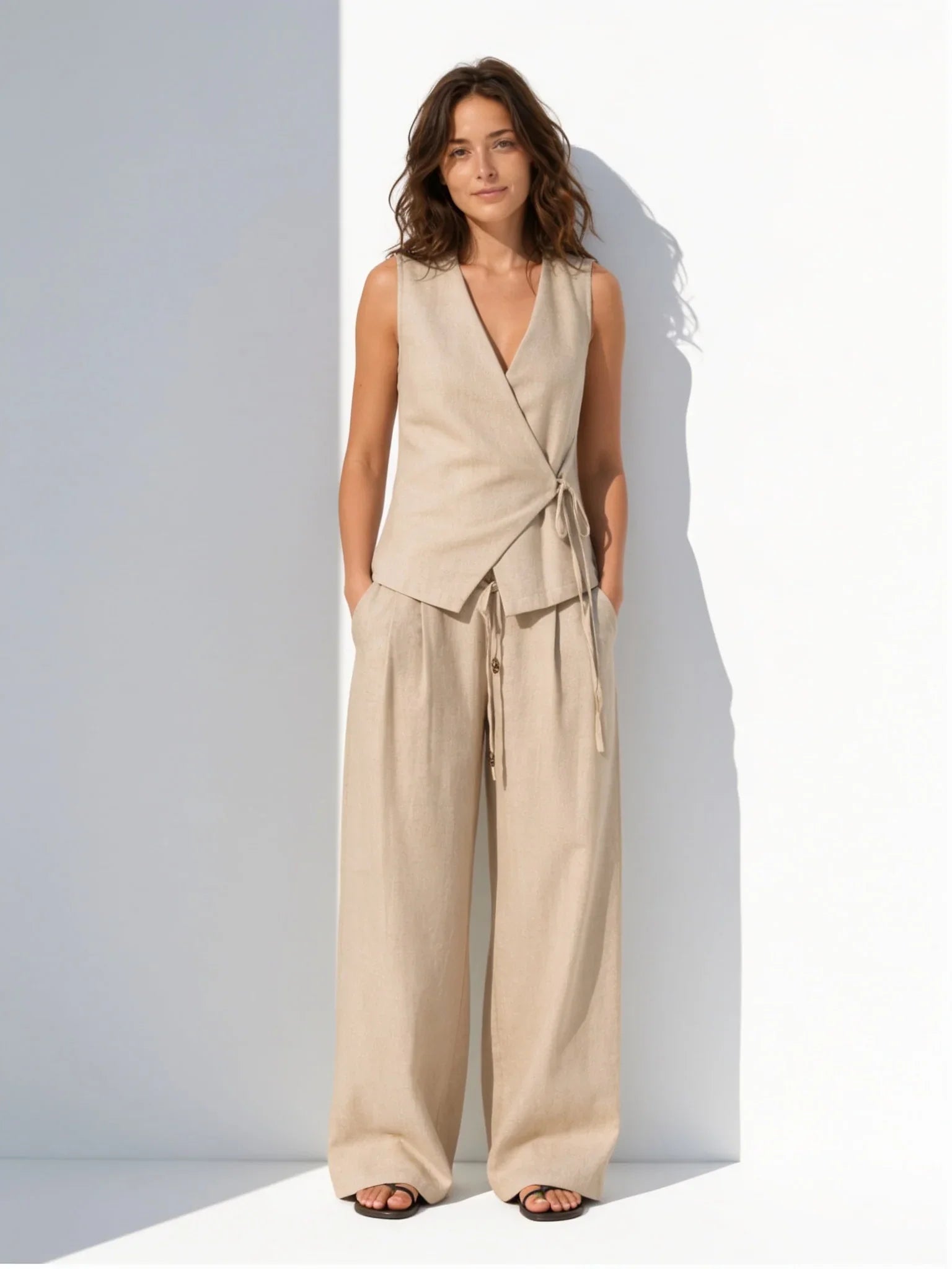 Conjunto de dos piezas premium de lino beige con pantalón EUTEA.
