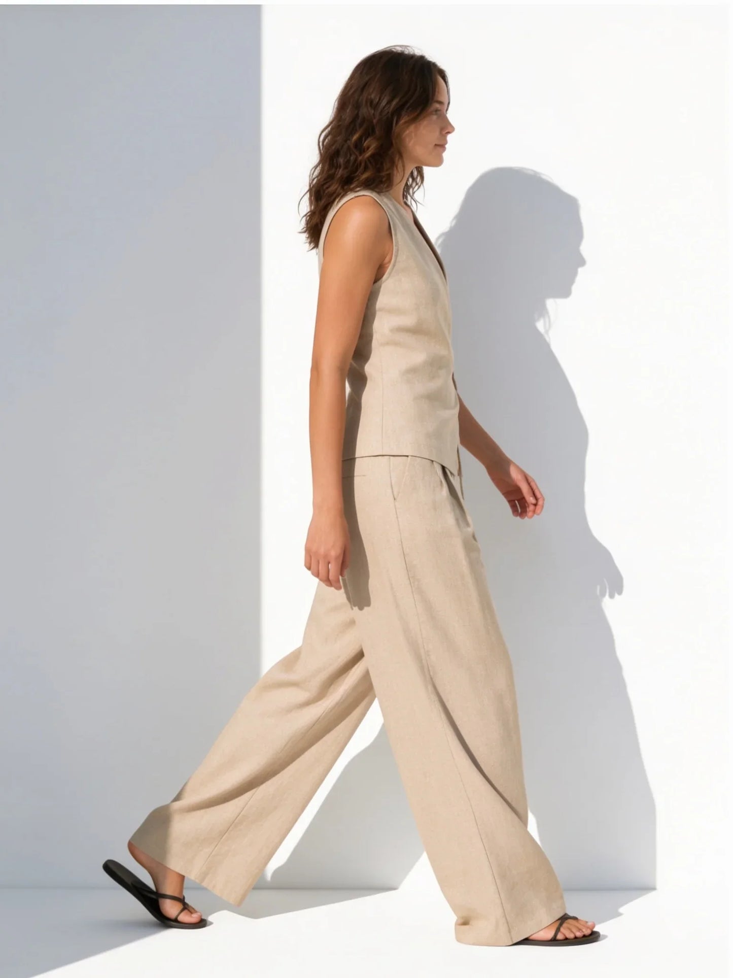 Conjunto de dos piezas premium de lino beige con pantalón EUTEA.