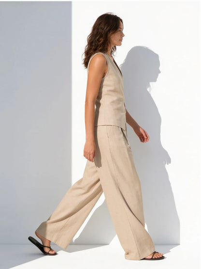 Conjunto de dos piezas premium de lino beige con pantalón EUTEA.