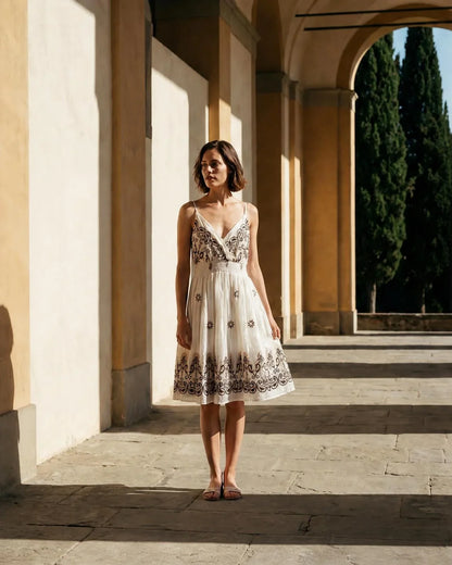 Vestido de tirantes Pollenca en color blanco con bordados boho en contraste de la marca EUTEA, posando de frente en un patio soleado