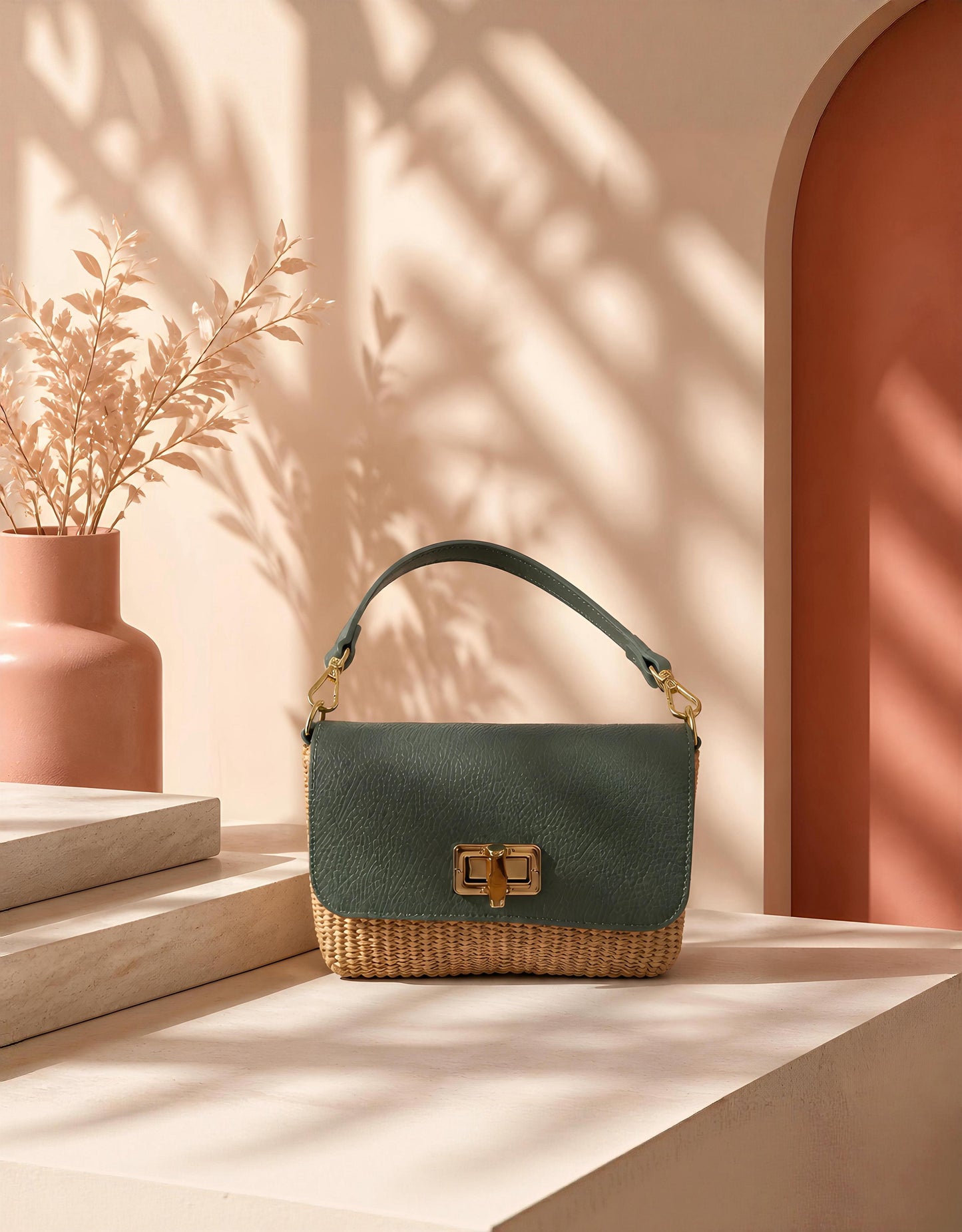 Bolso bimaterial Tárrega de EUTEA en color verde oliva y base de rafia trenzada, con herraje metálico dorado, apoyado sobre una superficie de piedra clara bajo luces y sombras decorativas