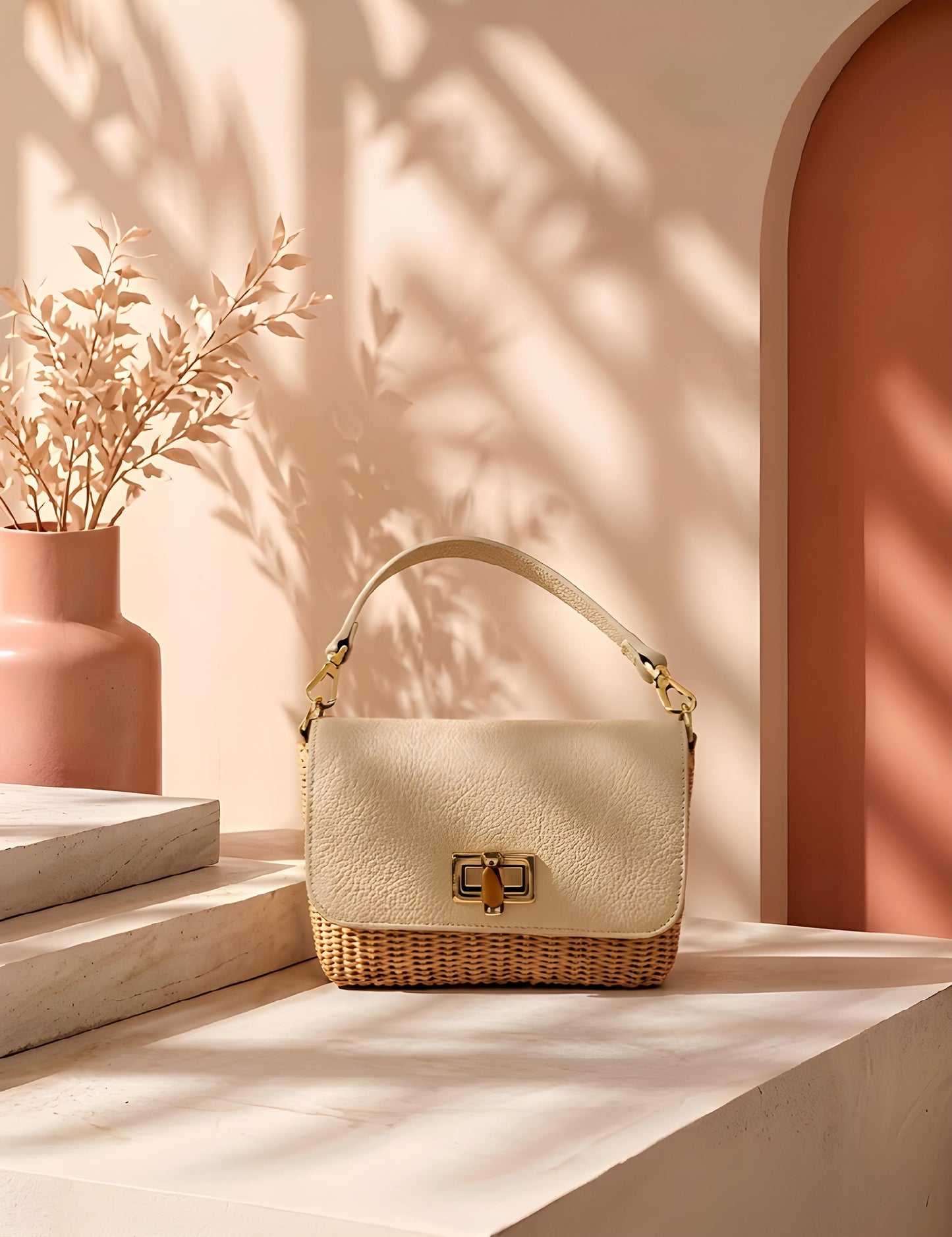 Bolso de mano y bandolera Tárrega de EUTEA en piel color blanco crema y rafia natural, destacando el cierre de broche dorado giratorio y su asa corta.