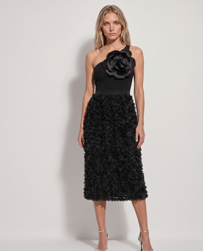 Falda midi de fiesta texturizada en color negro con efecto de flores 3D en relieve - EuTea