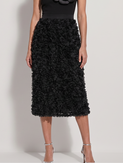 Falda midi de fiesta texturizada en color negro con efecto de flores 3D en relieve - EuTea