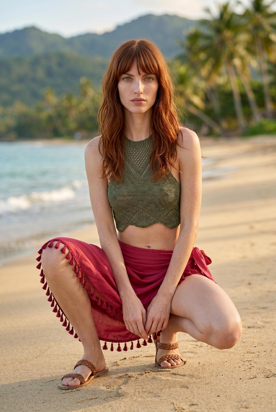 Modelo posando en la arena de la playa con la falda corta pareo en tono granate y top de crochet verde oliva, de Eutea.