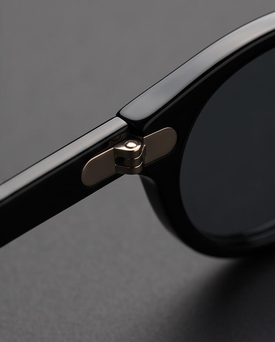 Detalle de la bisagra y acabado metálico de las Gafas de Sol Urca negras.