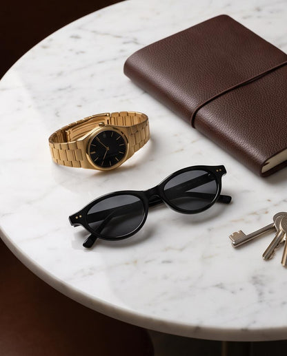 Gafas de Sol Urca negras junto a accesorios de estilo clásico.