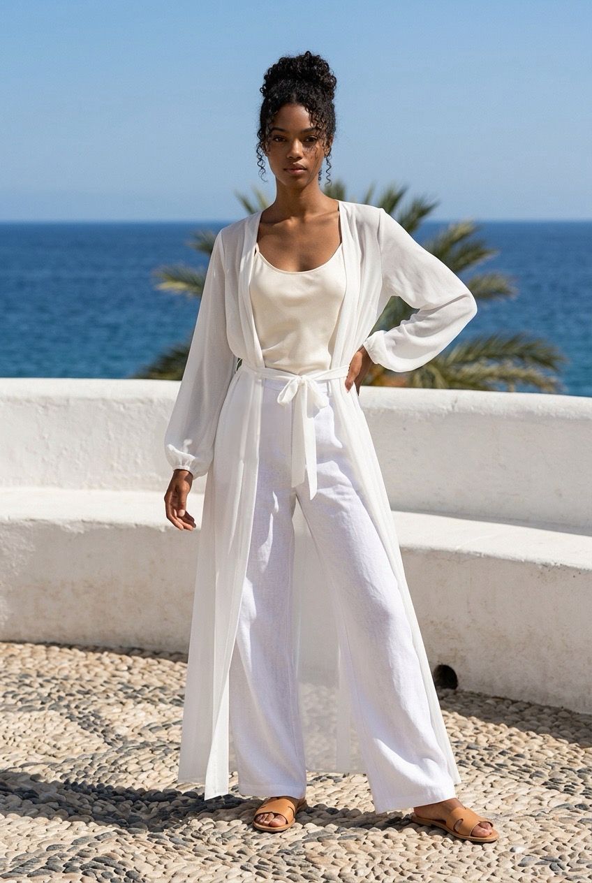 Kimono playero largo transparente en gasa blanca con cinturón lazo frente al mar - Eutea