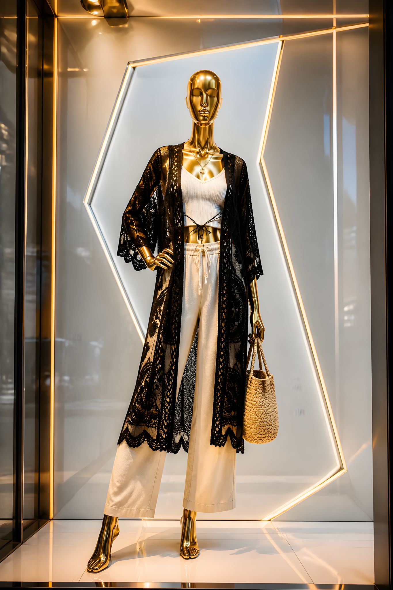 Maniquí dorado exhibiendo el kimono largo de encaje negro Segovia de Eutea combinado con pantalones blancos y bolso de rafia.