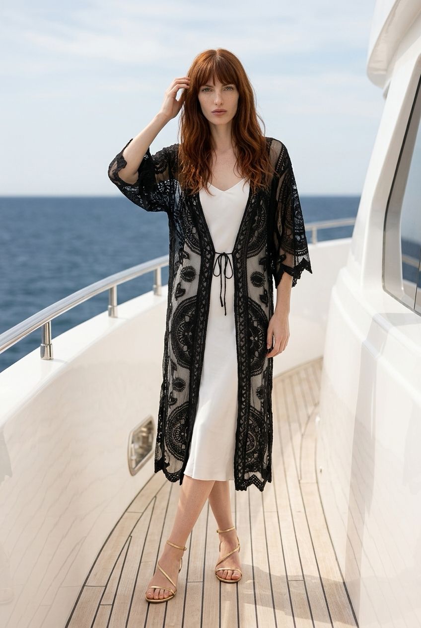 Vista frontal de la modelo con el kimono de encaje negro Segovia de Eutea atado a la cintura sobre un vestido lencero blanco.