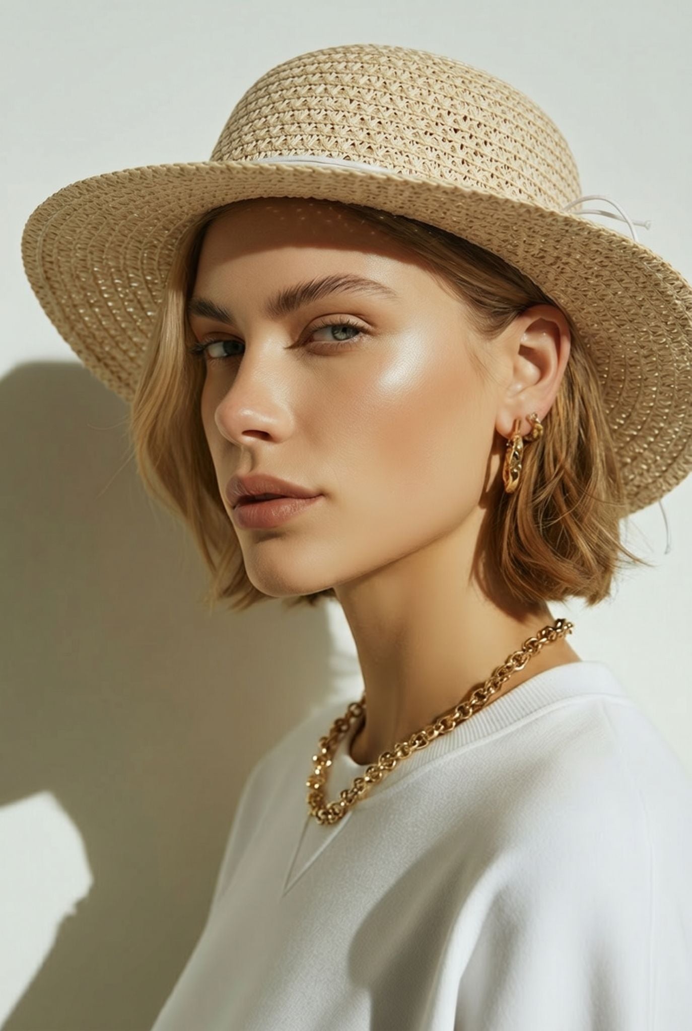 Modelo de mujer rubia luciendo el sombrero calado de ala ancha Ostuni de Eutea combinado con pendientes de aro dorados.