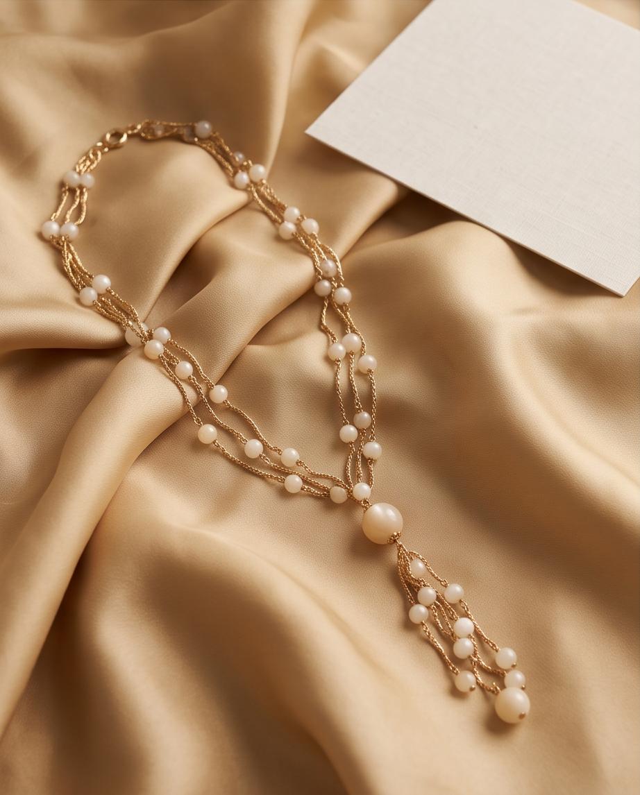 Collar de cuentas blancas y cadenas doradas presentado sobre tejido satinado.