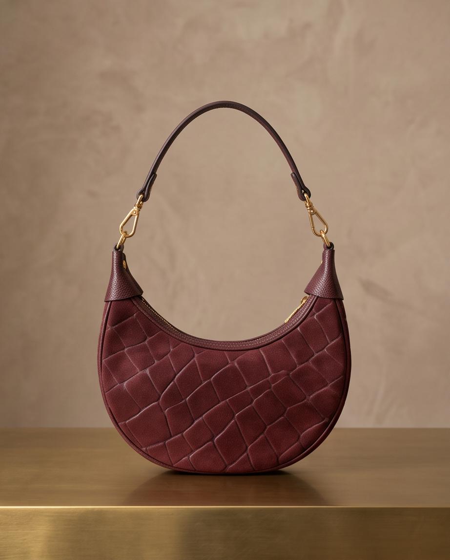 Bolso de piel Copacabana burdeos con acabado efecto cocodrilo